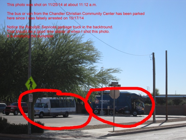 van or bus from Chandler Christian Community Center parked at Chandler Fire Department HQ on 11/25/14 at 11:11 a.m. - note Republic Services garbage truck in background emptying dumpster or trash - use that to veryify date/time 