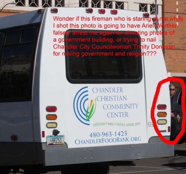 Arizona handicapped license plate HRZ51 - Van or bus owned by Chandler Christian Community Center - Parked illegally at Chandler Fire Department HQ 11/26/14 - it now has a real license plate
